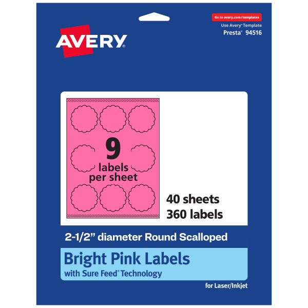 Avery Print-To-The-Edge Labels With Sure Feed Technology, 94516-BPP40, Round Scalloped, 2-1/2in, Matte Bright Pink, Pack of 360