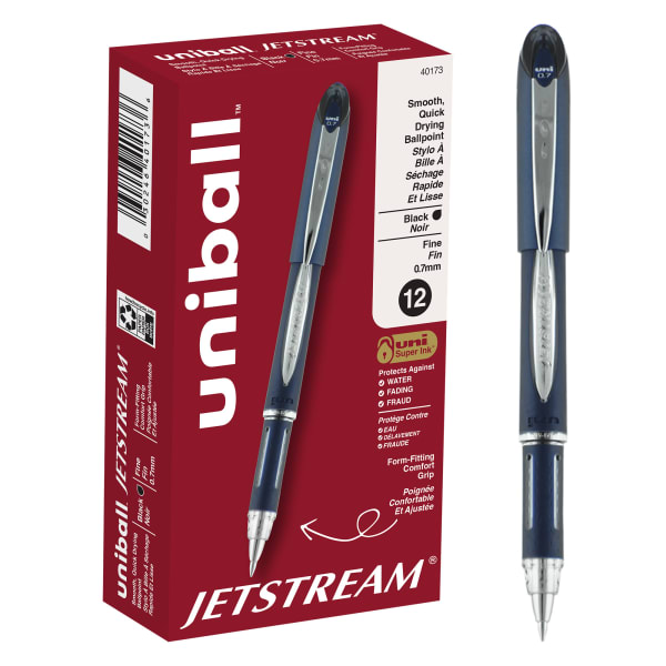 uni-ball Jetstream Ballpoint Pens, Fine Point, 0.7 mm, Blue Barrel, Black Ink, Pack Of 12