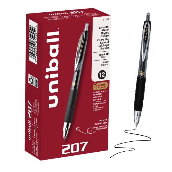 uni-ball 207 Retractable Fraud Prevention Gel Pens, Micro Point, 0.5 mm, Black Barrels, Black Ink, Pack Of 12