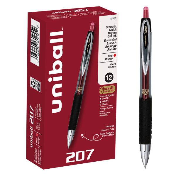 uni-ball 207 Retractable Fraud Prevention Gel Pens, Micro Point, 0.5 mm, Black Barrels, Red Ink, Pack Of 12