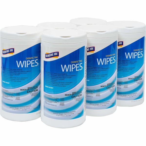 Genuine Joe Disinfecting Wipes - Ready-To-Use - Fresh Citrus Scent - 8in Length x 7in Width - Pre-moistened, Strong, Absorbent - White - 75Tub - 6 / Carton