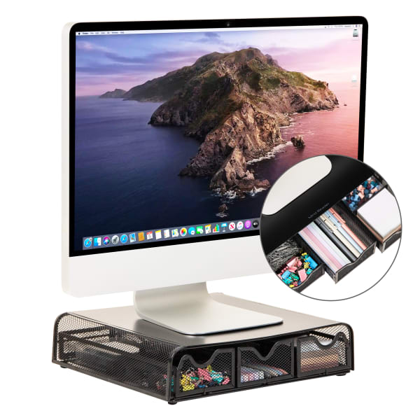 Mind Reader Metal Monitor Stand and Desk Organizer, 3inH x 12-1/2inW x 13-1/4inL, Black