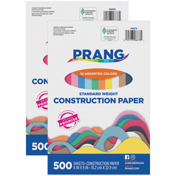 Prang Construction Paper, Standard Weight, 6in x 9in, 10 Assorted Colors, 500 Sheets Per Pack, Set Of 2 Packs