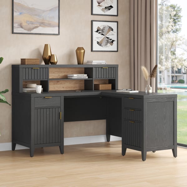 Thomasville Rivington 60inW L-Shaped Corner Desk & Hutch With Integrated Power Outlet, Raven Black