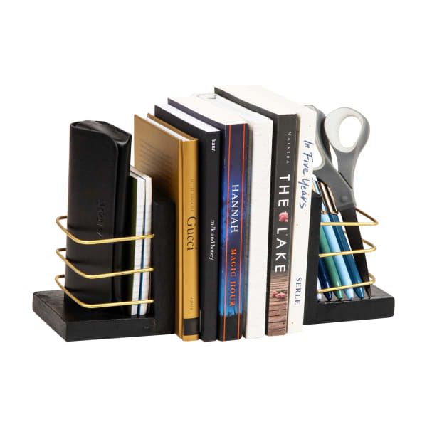 Mind Reader Decorative Basket Bookends, 5inH x 4inW x 4inD, Black/Gold, Set Of 2 Bookends