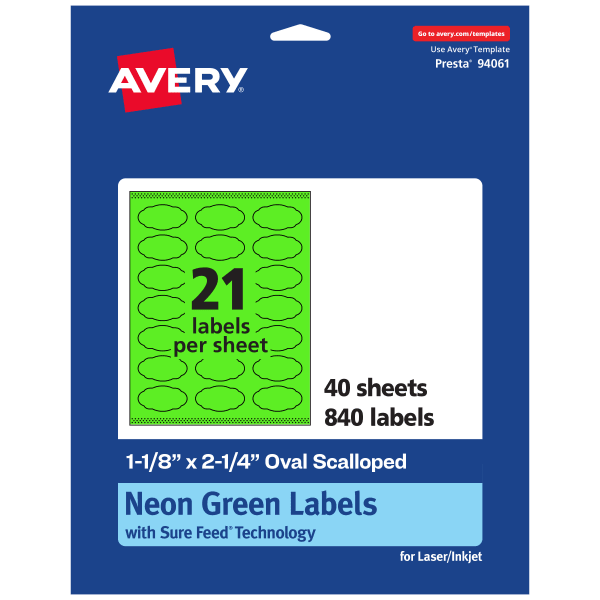 Avery Print-To-The-Edge Labels With Sure Feed Technology And Easy Peel, 94061-NGP40, Oval Scalloped, 1-1/8in x 2-1/4in, Matte Neon Green, Pack of 840