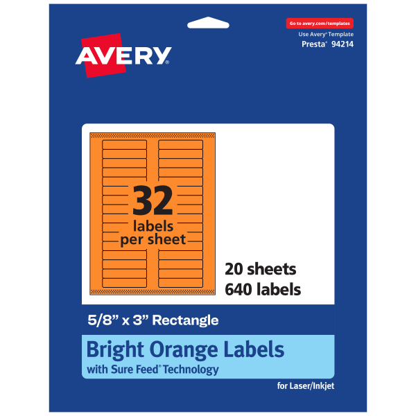 Avery Printable Labels With Sure Feed Technology, 94214-BOP20, Rectangle, 5/8in x 3in, Matte Bright Orange, Pack of 640