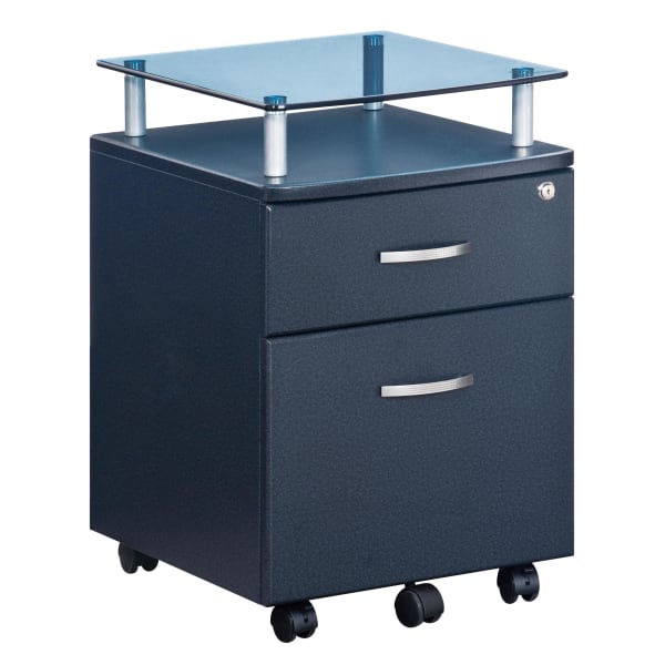 Techni Mobili 15-3/4inW x 17-1/2inD Lateral 2-Drawer Mobile Locking Glass Top File Cabinet, Graphite Black