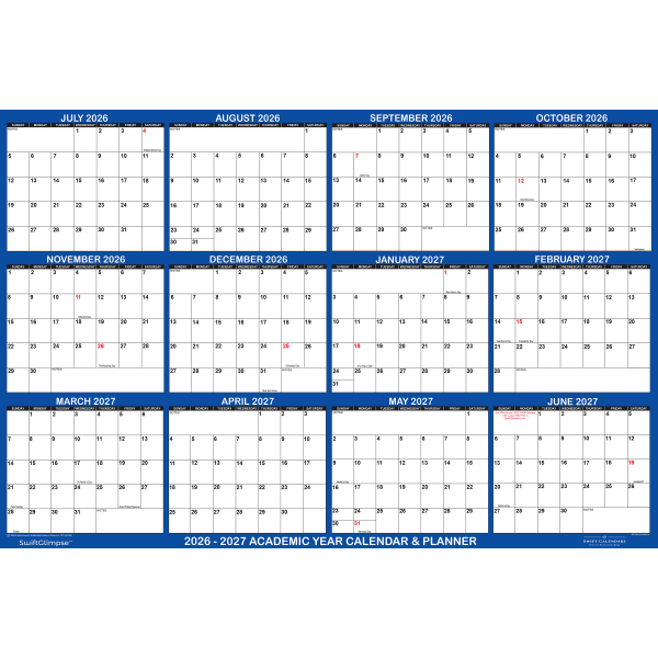 2026-2027 SwiftGlimpse Academic Monthly Wall Calendar, 72in x 48in, Navy/White, July To June, Total Qty 1