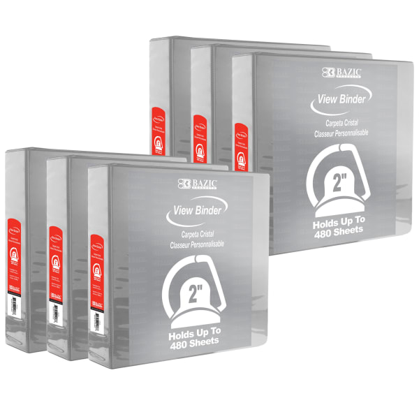 BAZIC Products 3-Ring View Binder With 2 Pockets, 2in Slant D, Gray, Pack Of 6
