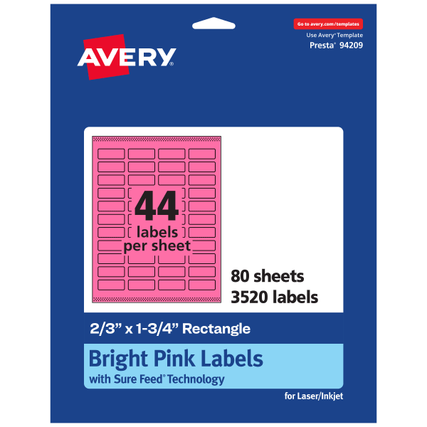 Avery Print-To-The-Edge Labels With Sure Feed Technology And Easy Peel, 94209-BPP80, Rectangle, 2/3in x 1-3/4in, Matte Bright Pink, Pack of 3520