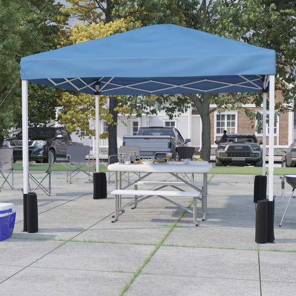 Flash Furniture 10ftx10ft Pop Up Event Canopy Tent with Wheeled Case and Folding Bench Set - Portable Tailgate, Camping, Event Set, Blue