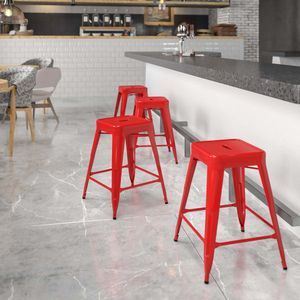 Flash Furniture 24inH Commercial-Grade Metal Backless Counter Stool, Red