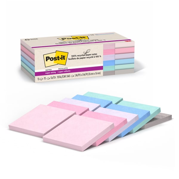Post-it Super Sticky Recycled Notes, 12 Pads, 3 in x 3 in, 100% Recycled, 2x the Sticking Power, School Supplies and Office Products, Sticky Notes