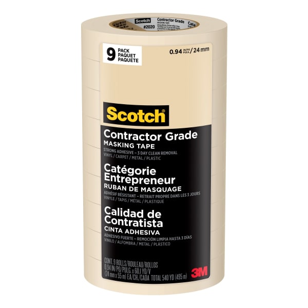 Scotch Contractor Grade Masking Tape, Removable, 9 Tape Rolls, 0.94 in x 60.1 yd, 3in Core, White