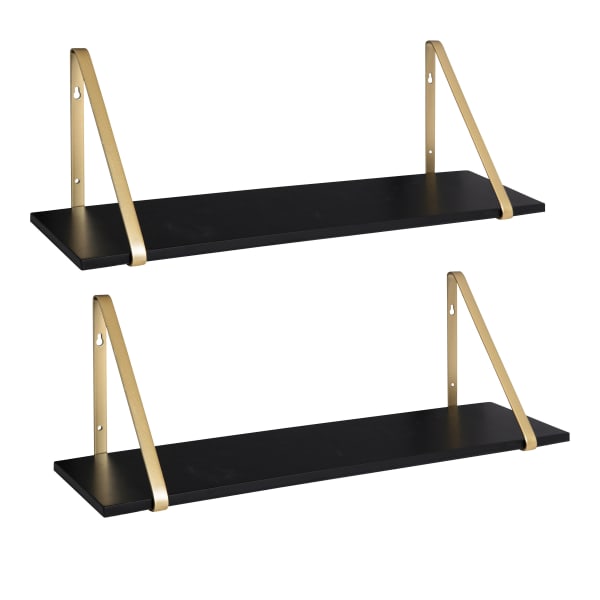 Kate and Laurel Soloman Wooden Shelves with Brackets, 8-5/16inH x 27-1/2inW x 6-15/16inD, Black/Gold, Set Of 2 Shelves