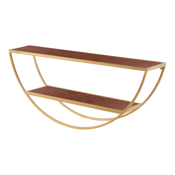 Kate and Laurel Tancill Half-Circle Wall Shelves, 11inH x 26inW x 6inD, Walnut Brown/Gold, Set Of 2 Shelves