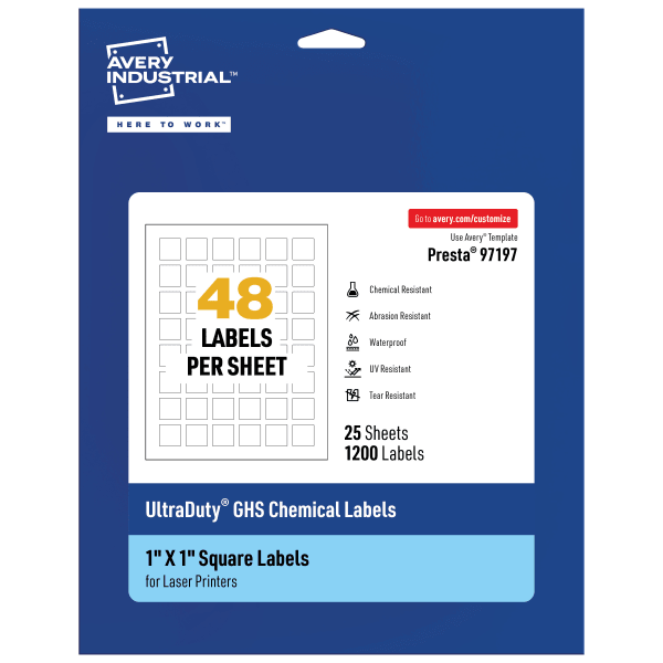 Avery Ultra Duty Permanent GHS Chemical Labels, 97197-WMU25, Square, 1in x 1in, White, Pack Of 1,200