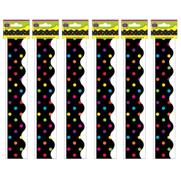 Teacher Created Resources Scalloped Border Trim, 2-3/16ft" x 35ft", Multicolor Dots/Black, 12 Boarders Per Pack, Set Of 6 Packs