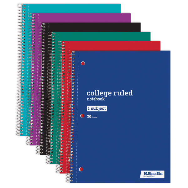 Just Basics Wirebound Notebook, 8in x 10-1/2in, College Ruled, 70 Sheets, Assorted Colors, Pack Of 6