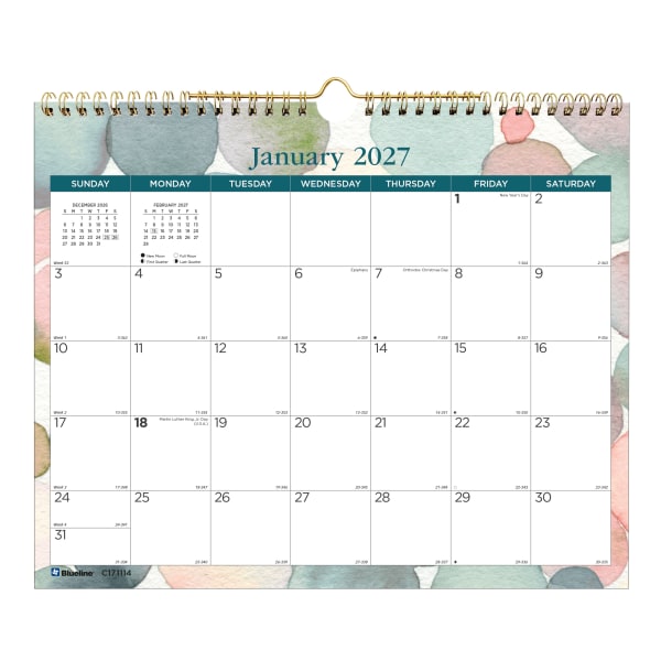 2027 Blueline Colorful Monthly Wall Calendar, 15in x 12in, Splash, January To December, C171114, Total Qty 1