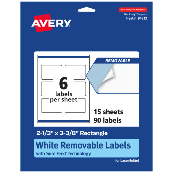 Avery Removable Labels With Sure Feed, 94212-RMP15, Rectangle, 2-1/3in x 3-3/8in, White, Pack Of 90 Labels
