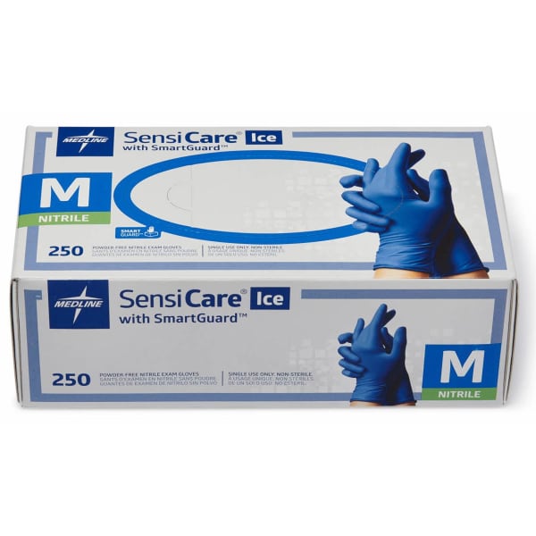 Medline SensiCare Ice Blue Nitrile Exam Gloves - 9.50in Glove - Medium Size - Dark Blue - Comfortable, Chemical Resistant, Late - 0