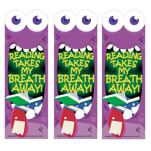Eureka Bookmarks, 2in x 6in, Reading Takes My Breath Away Monster Breath Scented  24 Per Pack, Set Of 3 Packs