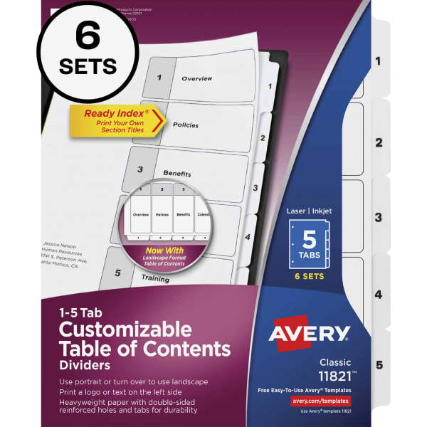 Avery Ready Index Classification Folder Binder Dividers, 8-1/2in x 11, White, 5 Dividers Per Set, Pack Of 6 Sets