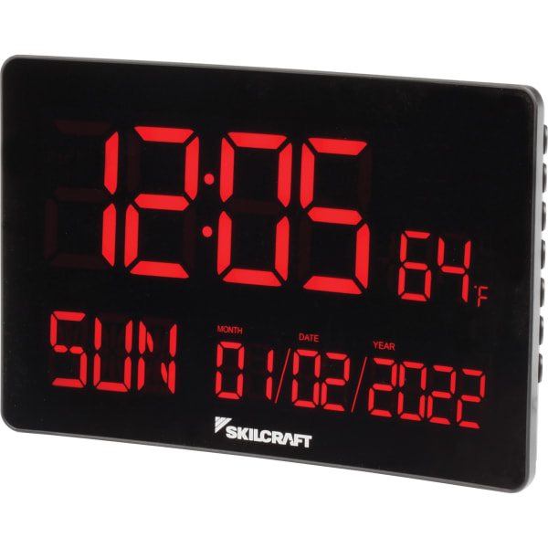 SKILCRAFT LED Self-Set Digital Clock, 6inH x 12inW x 1/2inD, Black