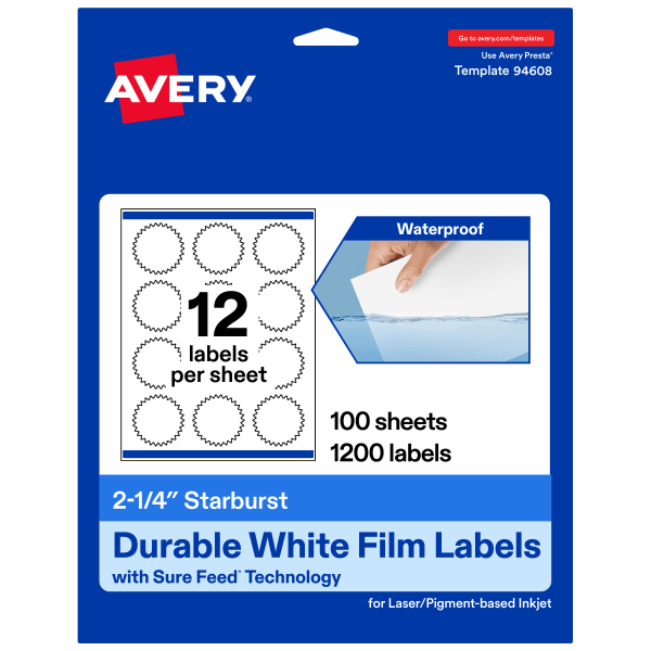 Avery Waterproof Permanent Labels With Sure Feed, 94608-WMF100, Starburst, 2-1/4in, White, Pack Of 1,200