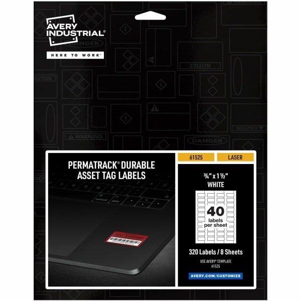Avery PermaTrack Durable White Asset Tag Labels, 3/4in x 1-1/2in , 320 Asset Tags - 3/4in Width x 1 1/2in Length - Permanent Adhesive - Rectangle - Laser - White - Film - 40 / Sheet - 8 Total Sheets - 320 Total Label(s) - Water Resistant - 320 / Pack