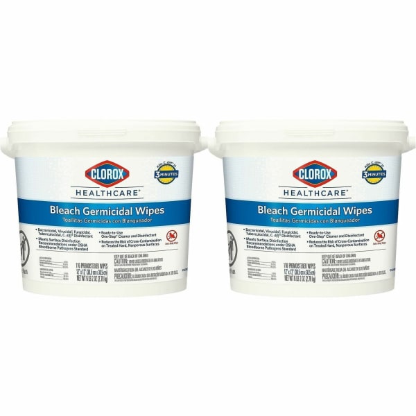Clorox Healthcare Bleach Germicidal Wipes - Ready-To-Use - 12in Length x 12in Width - Anti-corrosive, Antibacterial - White - 110Tub - 2 / Carton