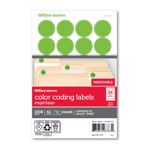 Office Depot Brand Removable Round Color-Coding Labels, OD98787, 3/4in, Green Neon, Pack Of 1,008