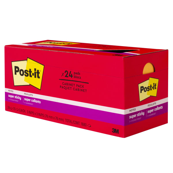 Post-it Super Sticky Notes, 24 Pads, 3 in x 3 in, 2x the Sticking Power, School Supplies and Office Products, Sticky Notes for Vertical Surfaces, Monitors, Walls and Windows, Playful Primaries Collection