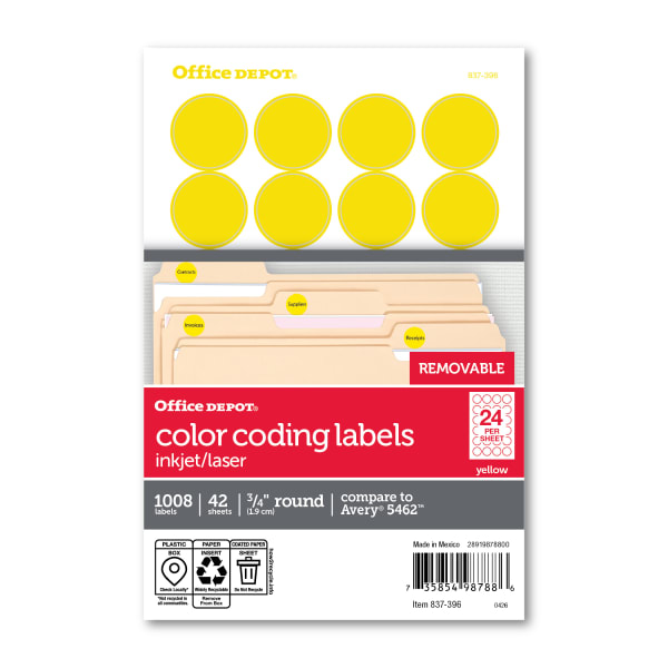 Office Depot Brand Removable Round Color-Coding Labels, OD98788, 3/4in, Yellow, Pack Of 1,008
