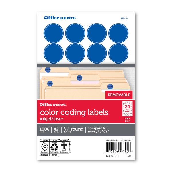 Office Depot Brand Removable Round Color-Coding Labels, OD98790, 3/4in, Dark Blue, Pack Of 1,008