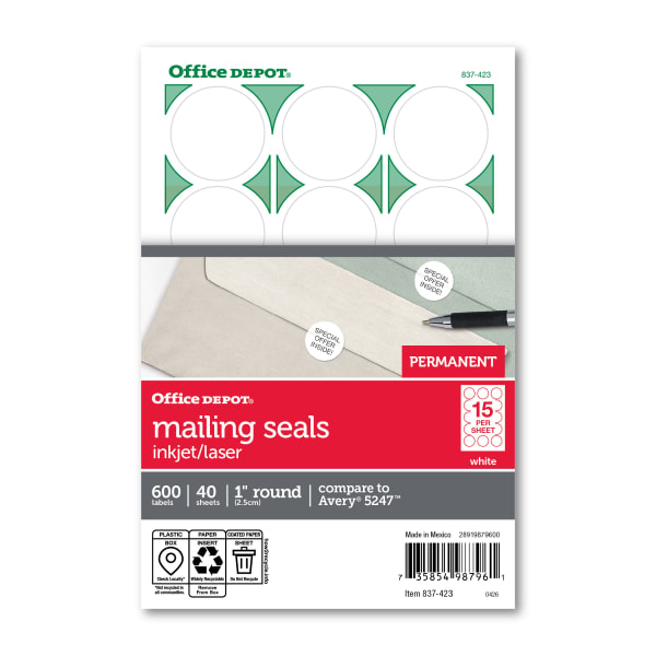 Office Depot Brand Permanent Mailing Seals, 1in Diameter, White, Pack Of 600