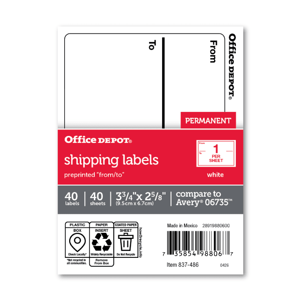 Office Depot Brand To/From Shipping Label Pad, OD98806, Rectangle, 3 3/4in x 2 5/8in, White, Pack Of 40