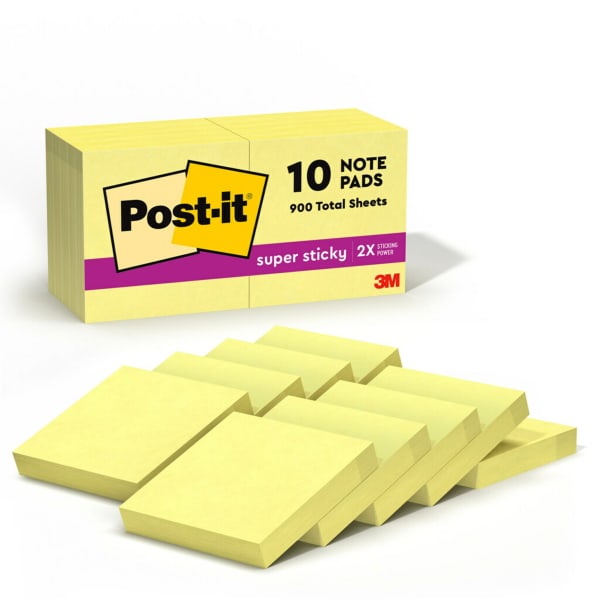Post-it Super Sticky Notes, 10 Pads, 1 7/8 in x 1 7/8 in, 2x the Sticking Power, School Supplies and Office Products, Sticky Notes for Vertical Surfaces, Monitors, Walls and Windows, Canary Yellow