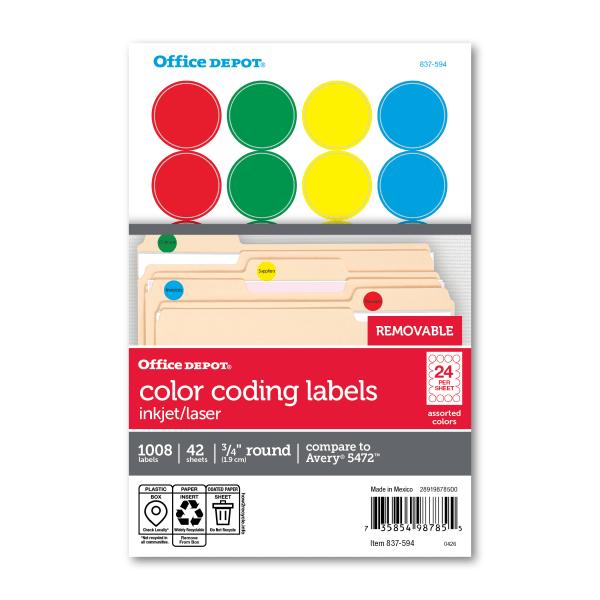 Office Depot Brand Removable Round Color-Coding Labels, OD98785, 3/4in, Assorted Colors, Pack Of 1,008