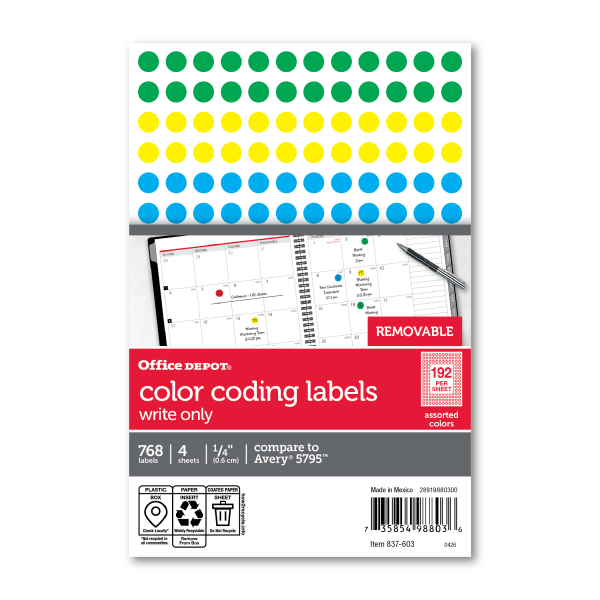 Office Depot Brand Removable Round Color-Coding Labels, OD98803, 1/4in, Multicolor Dots, Pack Of 768
