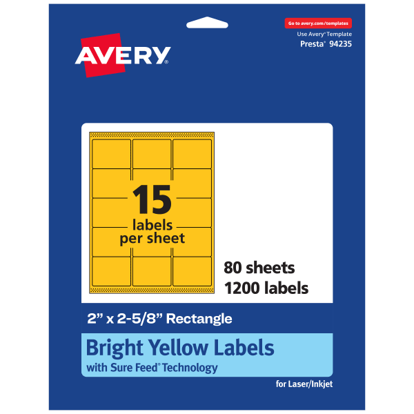 Avery Printable Labels With Sure Feed Technology, 94235-BYP80, Rectangle, 2in x 2-5/8in, Matte Bright Yellow, Pack of 1200
