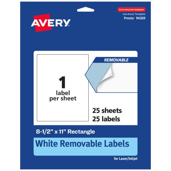 Avery Removable Labels, 94269-RMP25, Rectangle, 8-1/2in x 11in, White, Pack Of 25 Labels