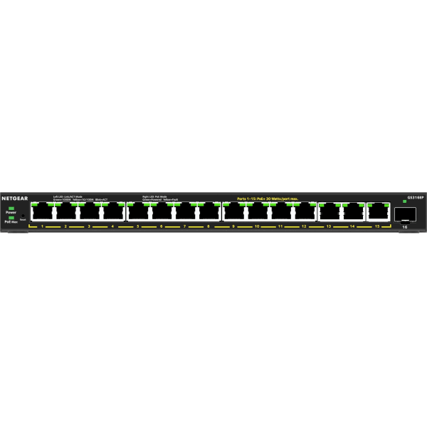 Netgear GS316EP Ethernet Switch - 15 Ports - Manageable - 3 Layer Supported - Modular - 1 SFP Slots - GS316EP100NAS