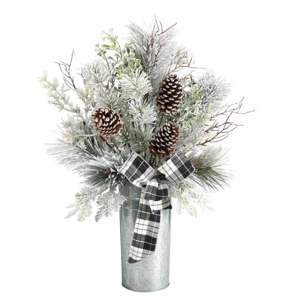 Nearly Natural 28inH Frosted Greenery And Pine Cone Artificial Christmas Arrangement With Plaid Bow And Decorative Tin, 28inH x 13inW x 10inD, Silver