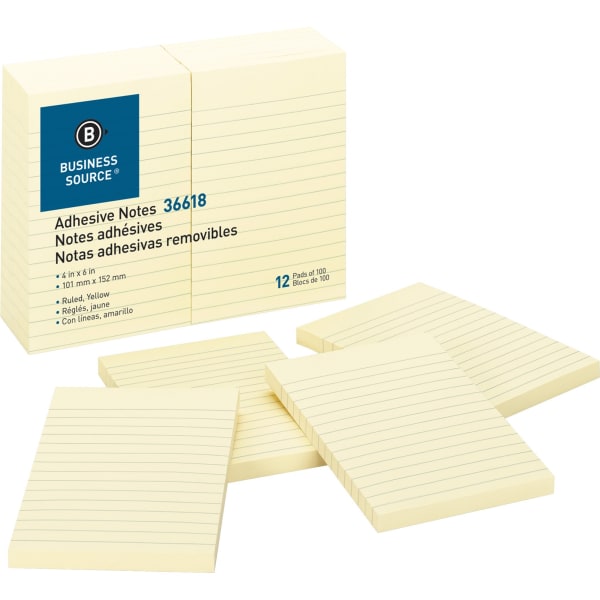Business Source Ruled Adhesive Notes - 4in Flag/Note Width x 6in Flag/Note Length - Rectangle - Ruled - Yellow - Solvent-free Adhesive, Self-adhesive - 12 / Pack