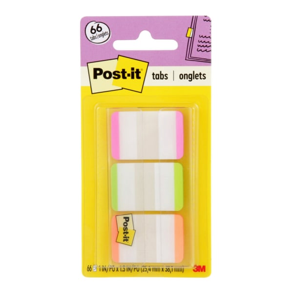 Post-it Notes Durable Filing Tabs, 1in x 1-1/2in, Green/Orange/Pink Color Bars, 22 Flags Per Pad, Pack Of 3 Pads