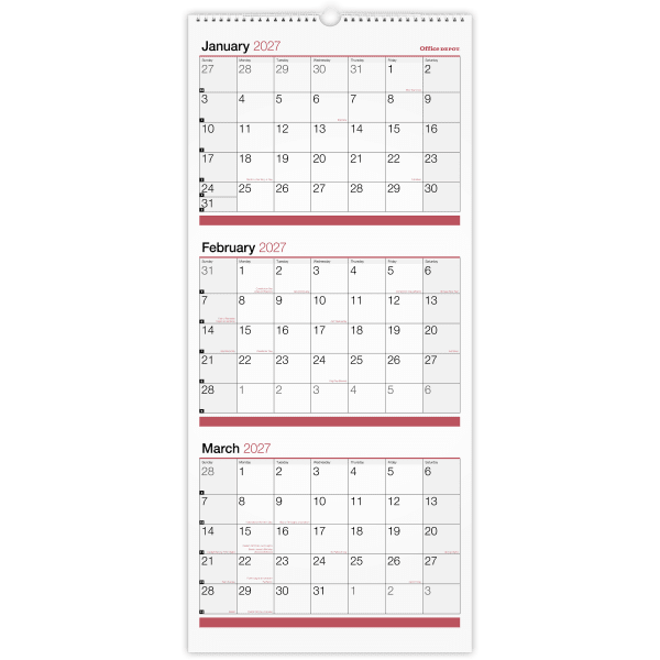 Office Depot Brand 3-Month Monthly Wall Calendar, 12in x 27in, White, January 2027 to December 2027, OD30302827