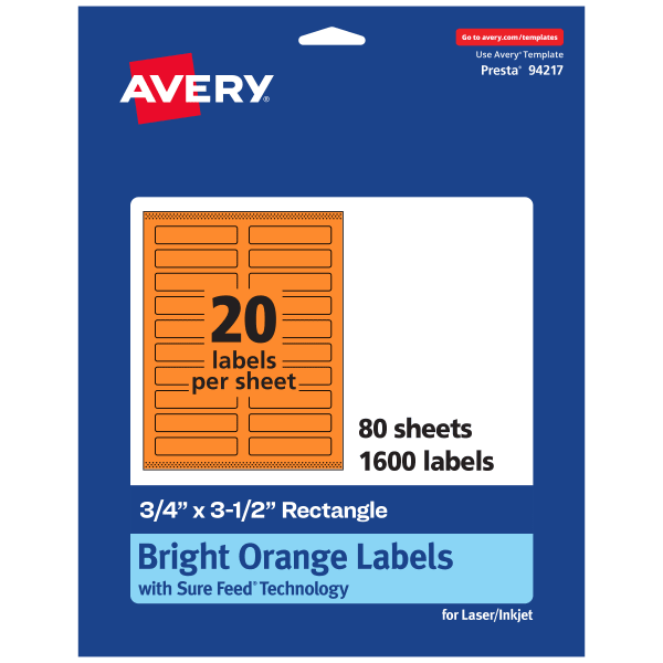 Avery Print-To-The-Edge Labels With Sure Feed Technology And Easy Peel, 94217-BOP80, Rectangle, 3/4in x 3-1/2in, Matte Bright Orange, Pack of 1600